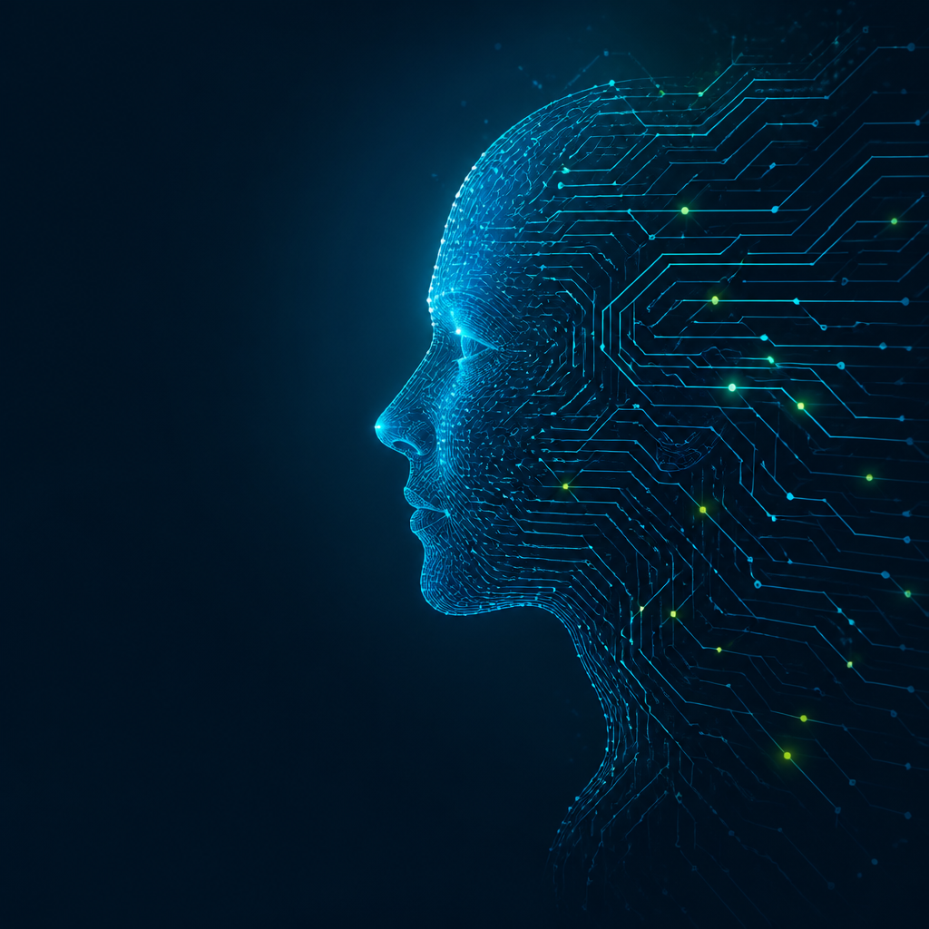 Perfil humano formado por circuitos luminosos e conexões digitais