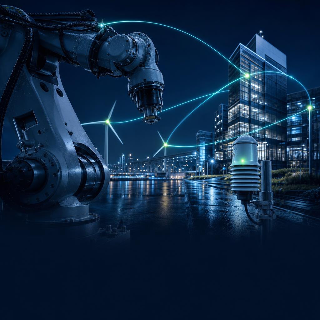 Equipamento industrial, sensores e infraestrutura conectados por fluxos de dados